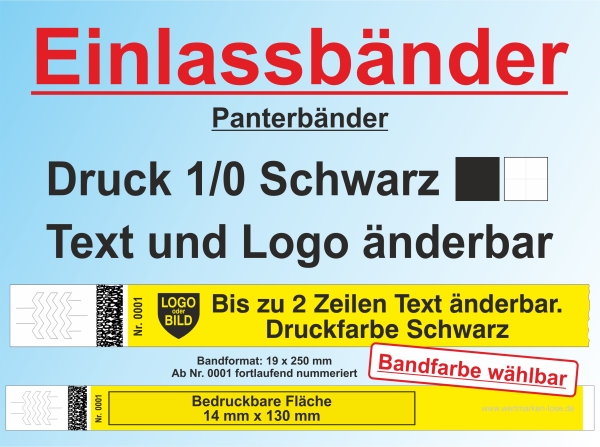 Panterbänder - Einlassbänder - Kontrollbänder - 1/0 Schwarzer Druck [Text + Logo änderbar]